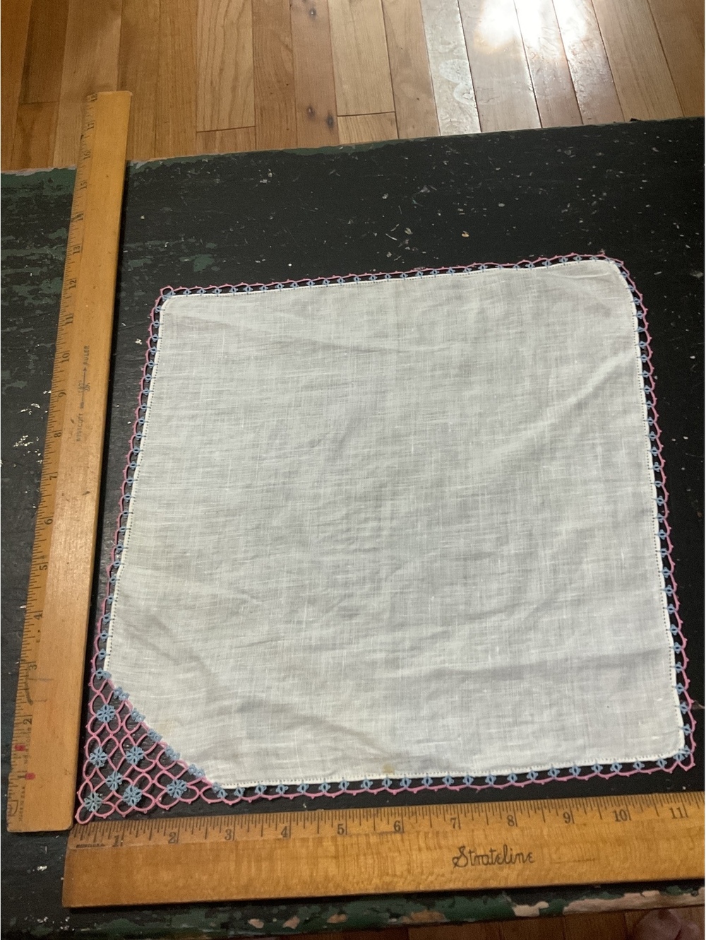 Vintage White Linen Handkerchief with Pink and Blue Crochet Edging